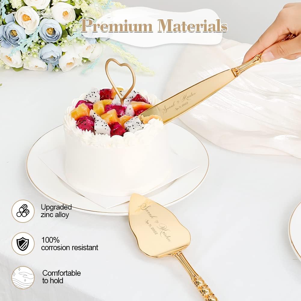 Wedding Cake Knife and Server Set, Personalized Gold Cake Cutting Set for Wedding, Engraved Classic Cake Knives Cutter Set, Pie Server, Birthday Bridal Quinceañera Gift (CUS-Flower)