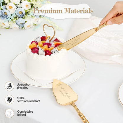 Wedding Cake Knife and Server Set, Personalized Gold Cake Cutting Set for Wedding, Engraved Classic Cake Knives Cutter Set, Pie Server, Birthday Bridal Quinceañera Gift (CUS-Flower)