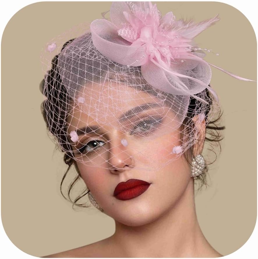 Fascinators Hats for Women Tea Party Hat Feather Mesh Headband Vintage Lace Cocktail Headwear Veil Hair Clip Church