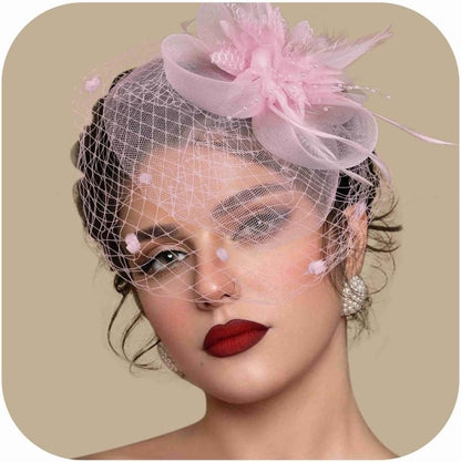 Fascinators Hats for Women Tea Party Hat Feather Mesh Headband Vintage Lace Cocktail Headwear Veil Hair Clip Church