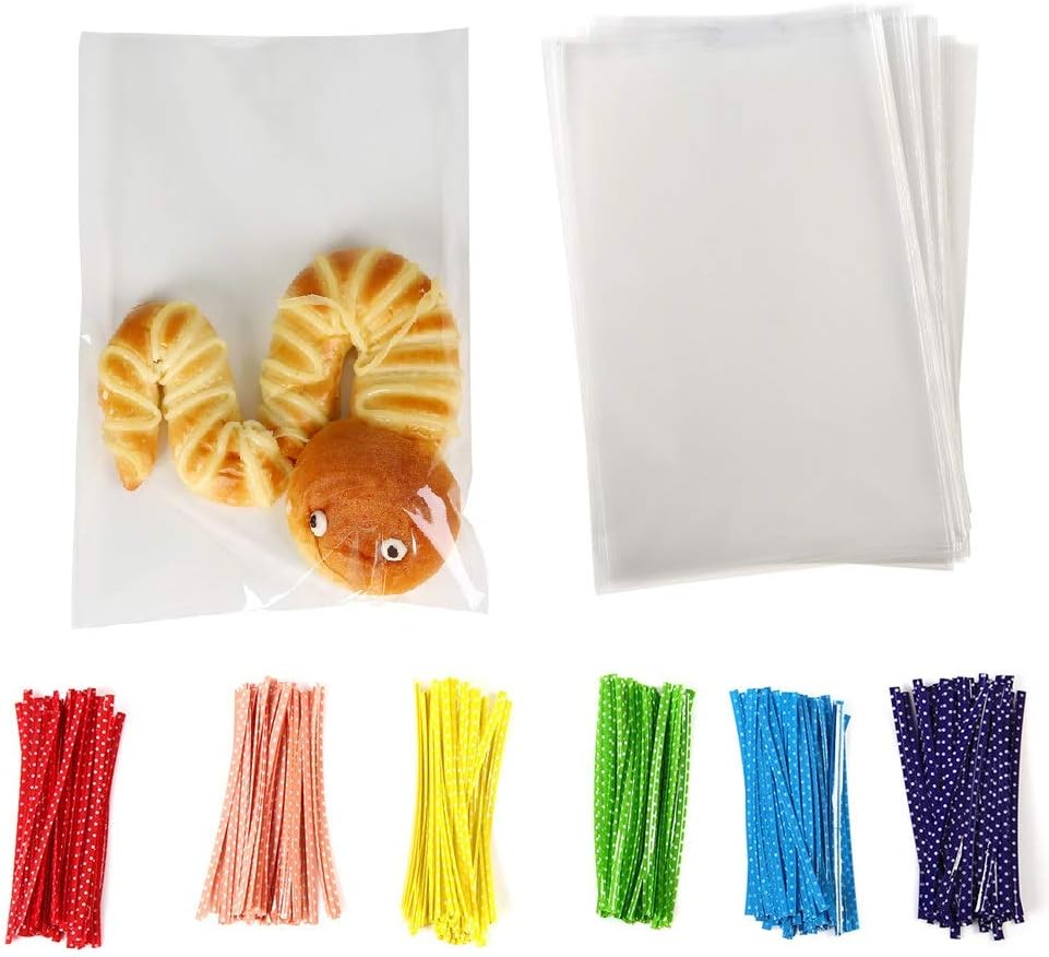 Brandon-super 100 Pcs 8 in x 6 in Clear Flat Cello Cellophane Treat Bags Good for Bakery,Popcorn,Cookies, Candies,Dessert, Birthday 1.4mil.Give Metallic Twist Ties!