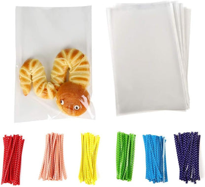 Brandon-super 100 Pcs 8 in x 6 in Clear Flat Cello Cellophane Treat Bags Good for Bakery,Popcorn,Cookies, Candies,Dessert, Birthday 1.4mil.Give Metallic Twist Ties!