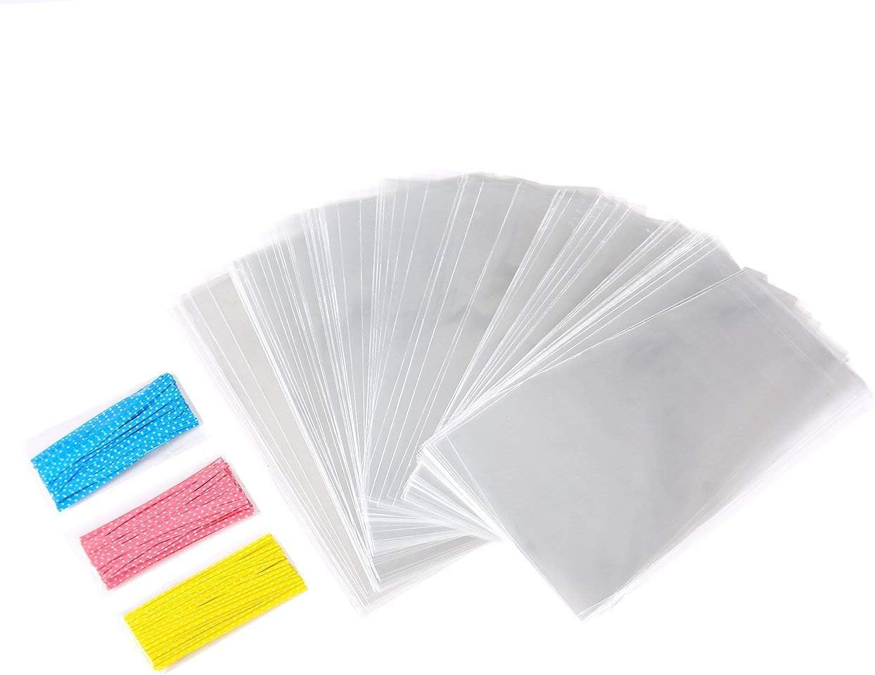 Brandon-super 100 Pcs 8 in x 6 in Clear Flat Cello Cellophane Treat Bags Good for Bakery,Popcorn,Cookies, Candies,Dessert, Birthday 1.4mil.Give Metallic Twist Ties!