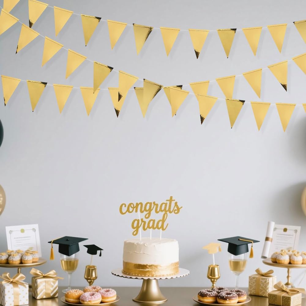 30Ft Navy Blue Gold and Beige Party Decorations Royal Blue Gold Triangle Flag Pennant Banner Bunting for Graduation Birthday Wedding Bridal Shower Nautical Ahoy Achor Theme Party Decorations Supplies