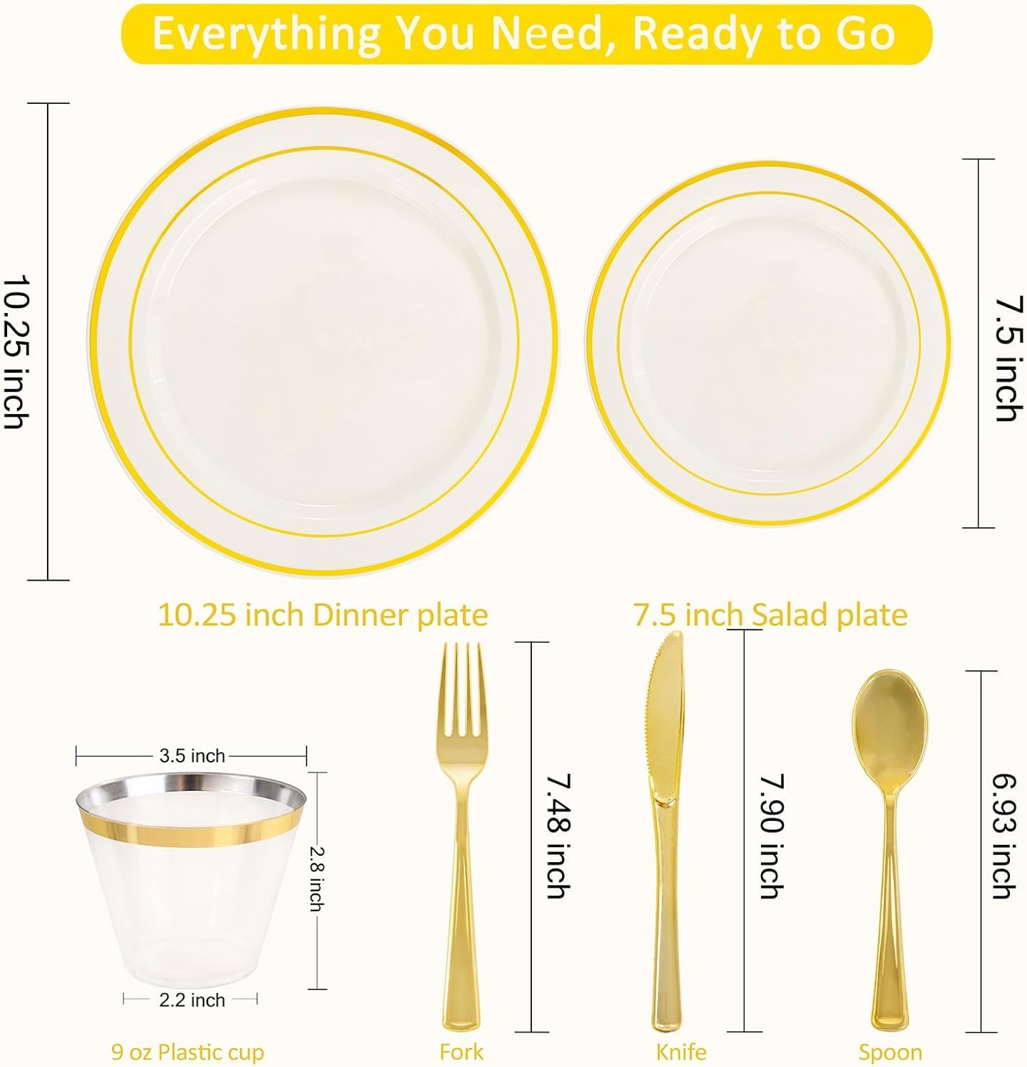 WELLIFE 350-Piece Gold Disposable Plates and Cutlery Set - Premium 10.25" Dinner Plates, 7.5" Dessert Plates, 9oz Cups & Cutlery for Weddings, Catering Events - 50 Guest Service - Elegant & Sturdy