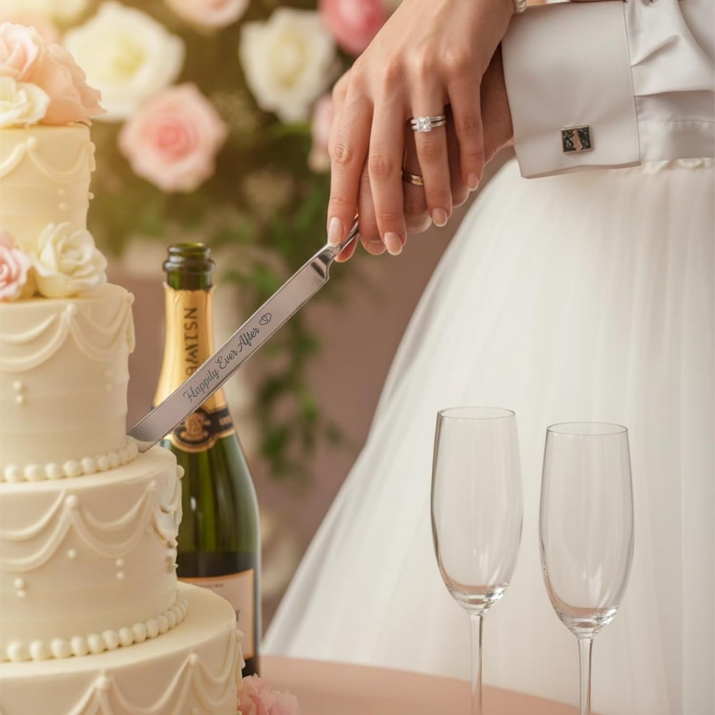 4 Piece Wedding Cake Cutting Set, Knife and Server with Forks, Elegant Wedding Cake Knife and Server Set for Bride and Groom(Gold)