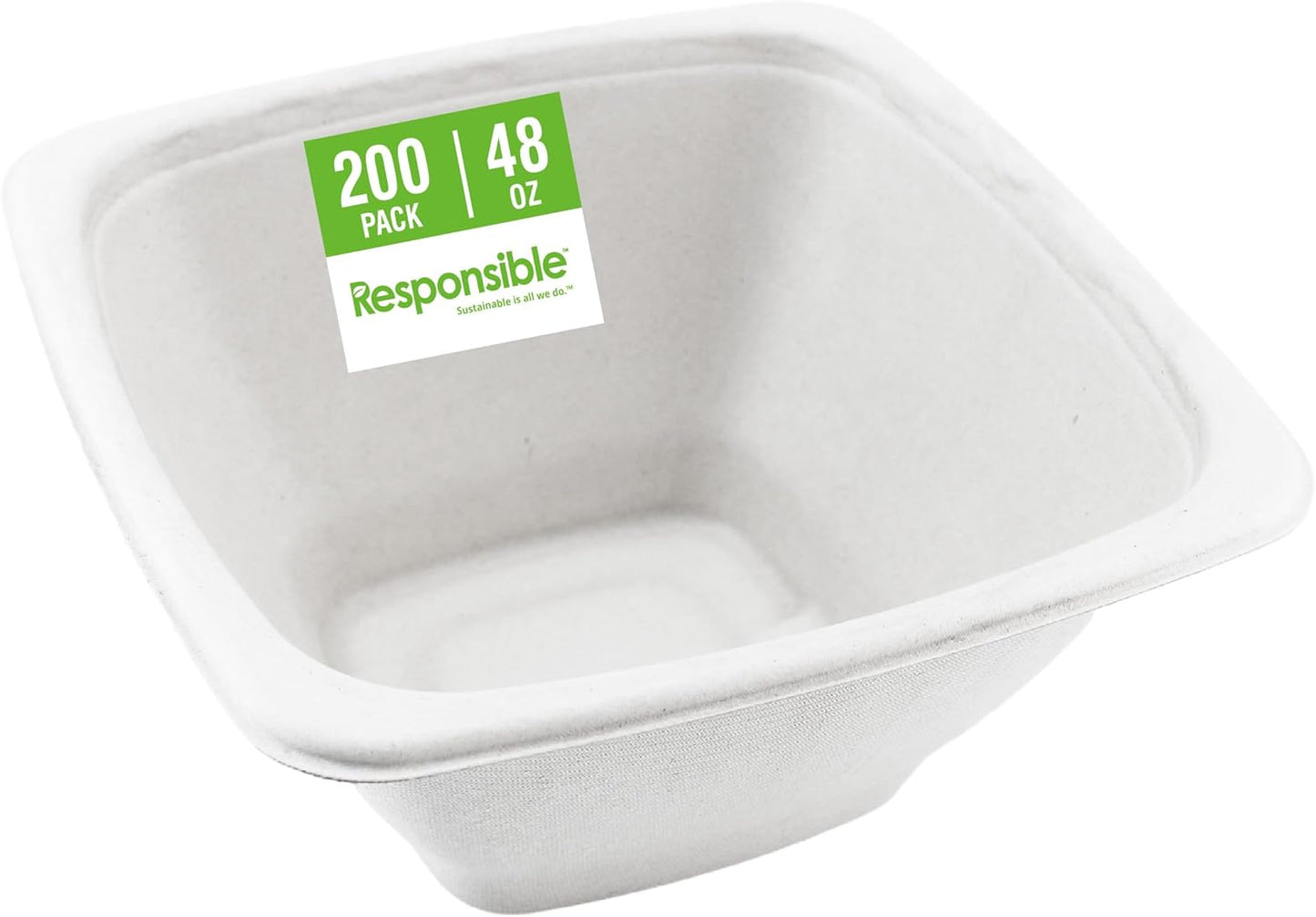 Responsible Products 100% Compostable Square Serving Bowls, 48 oz Disposable Paper Bowls, Microwave Safe, Freezer Safe, Soup Safe, No Plastic, Eco-Friendly, Tree-Free, No PFAS. White (50 Count)