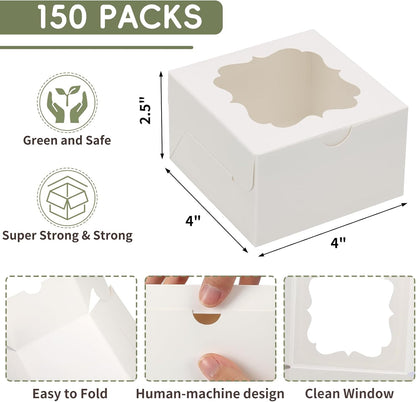 TOMNK 150pcs White Small Cookie Boxes with Window,4x4x2.5 Inch Small Bakery Boxes, 3 Style, Cookie Boxes Bulk for Dessert, Chocolate Strawberries Donuts and Party Favor