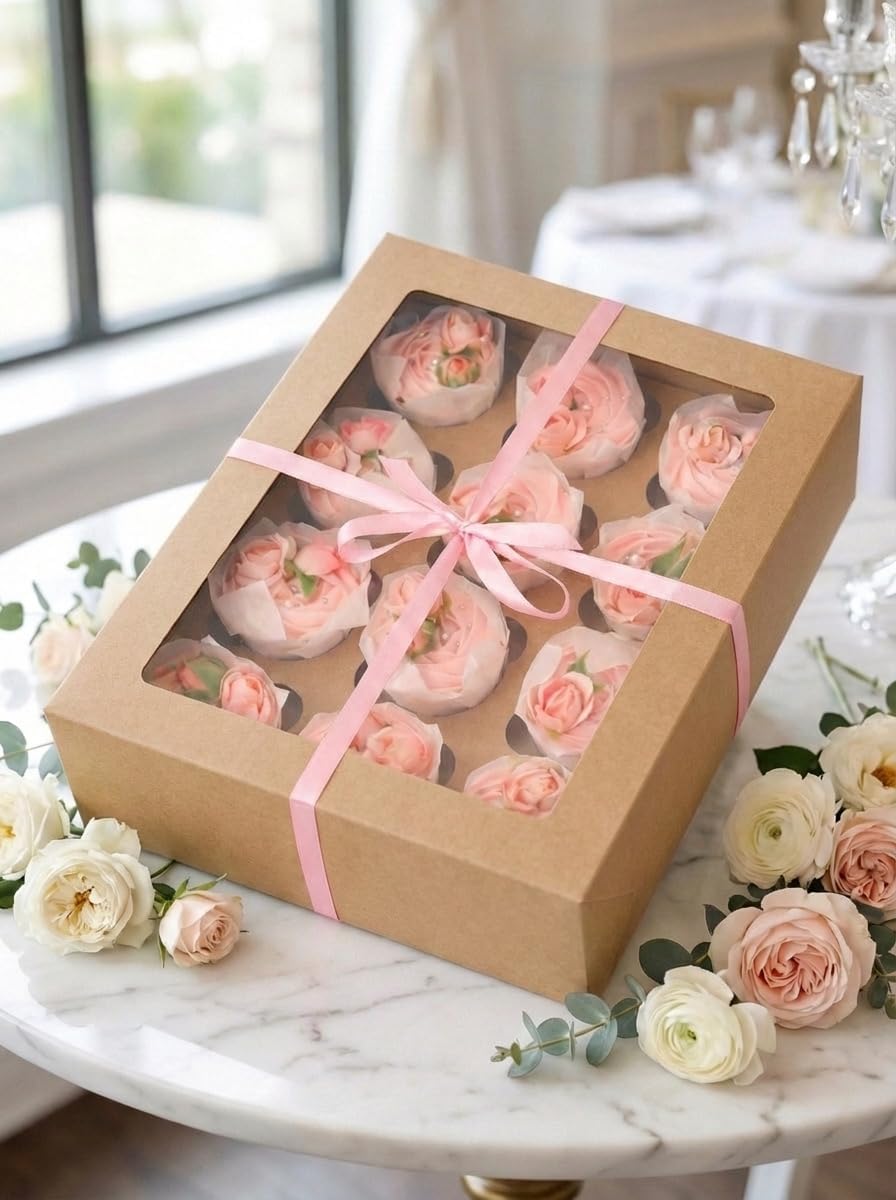 Bakepacker Auto-pop Up Cupcake Boxes with Window White 20PCS 12 Count Cupcake Box 13"x10"x3.5" Cupcakes Carrier, 12 Cupcake Containers with rolls of pink ribbons