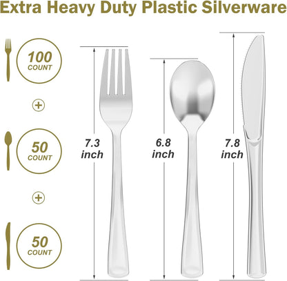 Dealusy 200 Count Heavy Duty Gold Plastic Silverware, 100 Forks, 50 Spoons, 50 Knives, BPA-Free, Heat Resistant, Disposable Plastic Utensils Set Cutlery Set, Plasticware Bulk