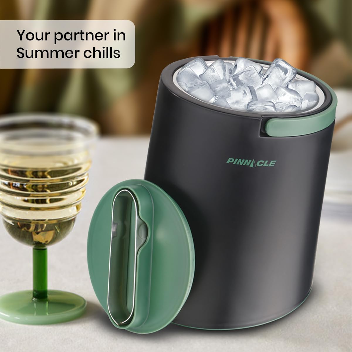 PINNACLE Insulated ice bucket for parties with Tong that fit into Lid - Stainless Steel ice bucket for cocktail bar with Collapsible Handles for indoor/outdoor bar, BPA Free (blue)