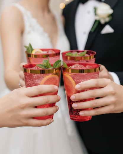 Goodluck 100PCS 9oz Gold Plastic Cups for Party, Disposable Gold Rim Cups, Plastic Cocktail Glasses for Wedding Thanksgiving, Christmas, and Parties