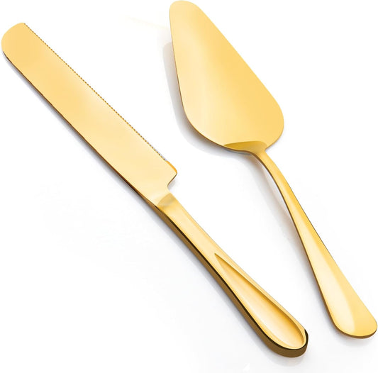 2-Piece Premium Cake Cutting Set, Exquisite Knife and Server with Serrated Design, Includes Cake Knife and Pie Spatula for Pastry, Pizza and Desserts (Silver)