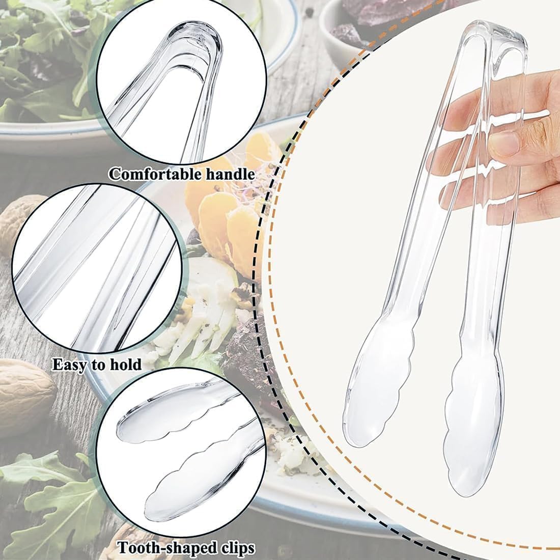 6 Pcs Clear Kitchen Tongs, Plastic Disposable for Serving Food, Ice, Salad, Barbecue, Cookies, BPA-Free(8.85 Inch) (6 X 8.85")