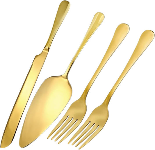 4Pcs Wedding Cake Knife and Server Set with Forks, Stainless Steel, Gold, 4 Items, 4 Pieces, Formal, Traditional, Cake Cutting Set for Wedding, Bridal Shower, Anniversary, Engagement Present
