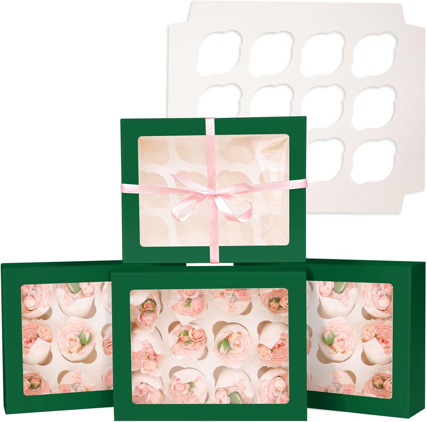 Bakepacker Auto-pop Up Cupcake Boxes with Window White 20PCS 12 Count Cupcake Box 13"x10"x3.5" Cupcakes Carrier, 12 Cupcake Containers with rolls of pink ribbons