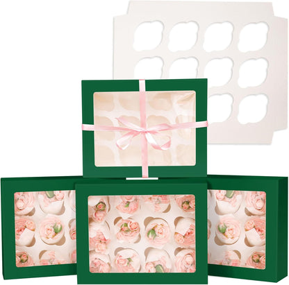 Bakepacker Auto-pop Up Cupcake Boxes with Window White 20PCS 12 Count Cupcake Box 13"x10"x3.5" Cupcakes Carrier, 12 Cupcake Containers with rolls of pink ribbons