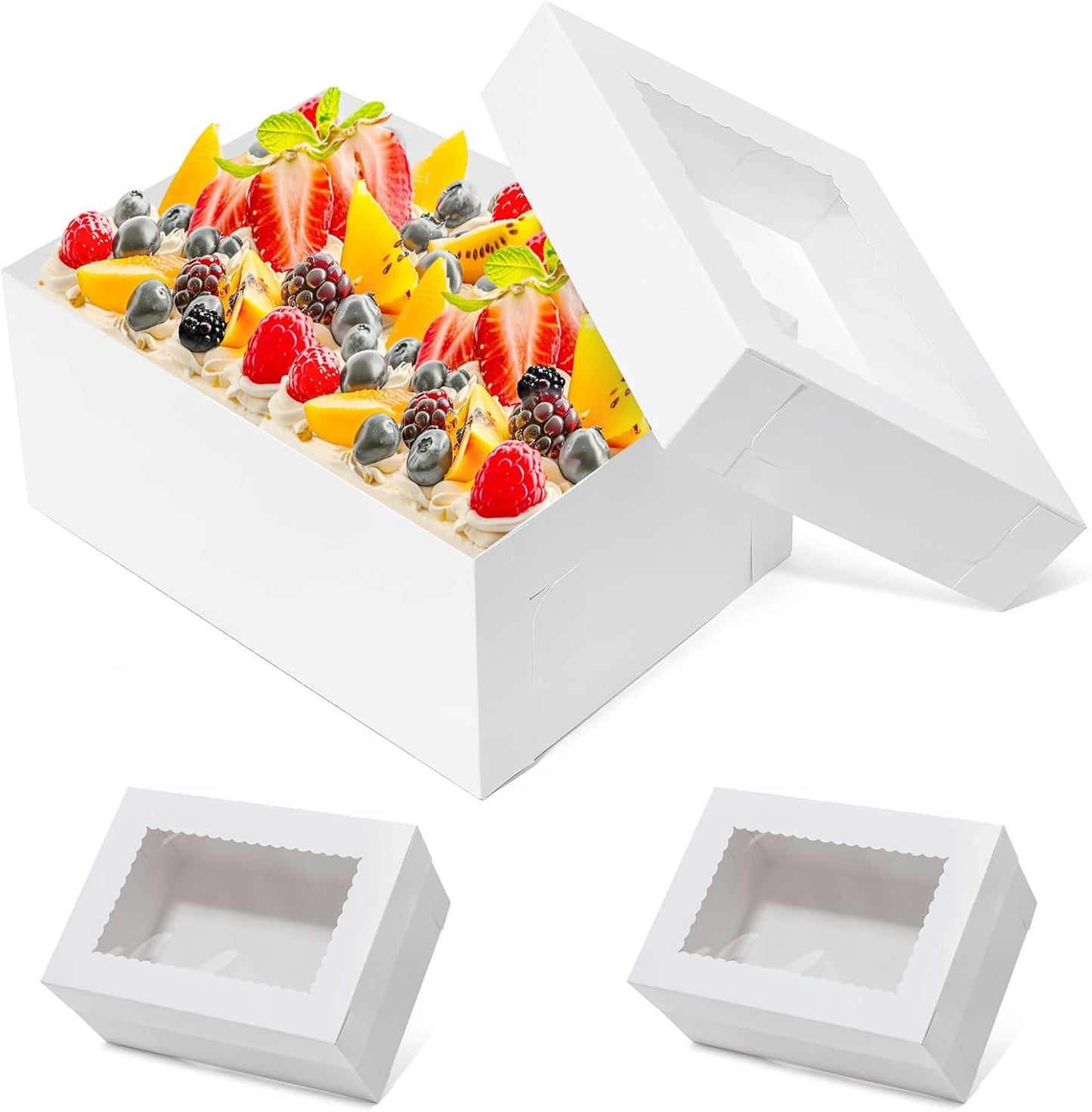 Wowxyz 14x10x4 Cake Boxes 6pcs Rectangle Quarter Sheet 1/4 Sheet Bakery Boxes with Window - Donuts, Pastry Baking Cake, Pie White Cardboard Treat Packaging