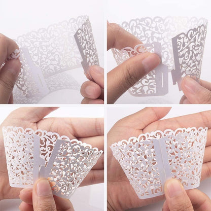50 Pcs White Pearl Lace Laser Cut Filigree Wedding Cupcake Wrapper Baking Cake Cups Wraps Cupcake Muffin Case Trays for Special Occasions