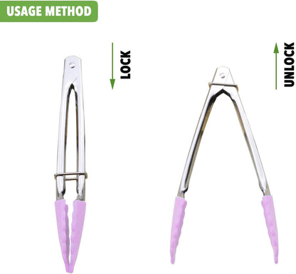 HINMAY Small Tongs with Silicone Tips 7-Inch Mini Serving Tongs, Set of 6 (Green Red Blue Purple Pink Orange)