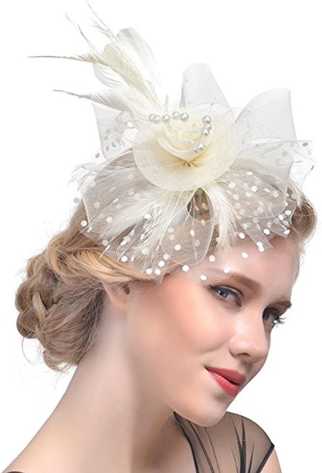 DRESHOW Fascinators Hat Flower Mesh Ribbons Feathers on a Headband and a Clip Tea Party Headwear for Girls and Women - Colors B