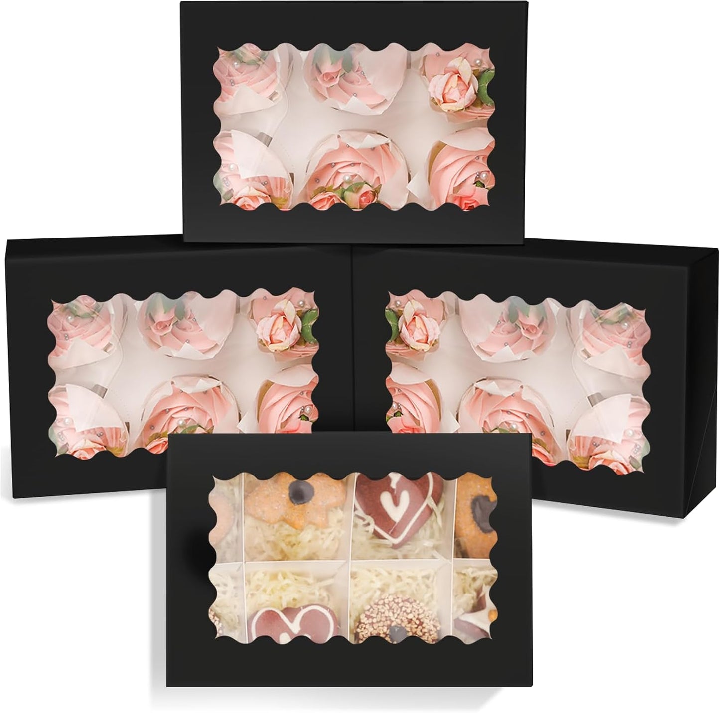qiqee White 6 Cupcake Boxes with Window Auto-pop up 30 Packs Cupcake Box 9.4"x6.1"x3.3" Bakery Boxes For Cupcakes Carrier, Cupcake Containers