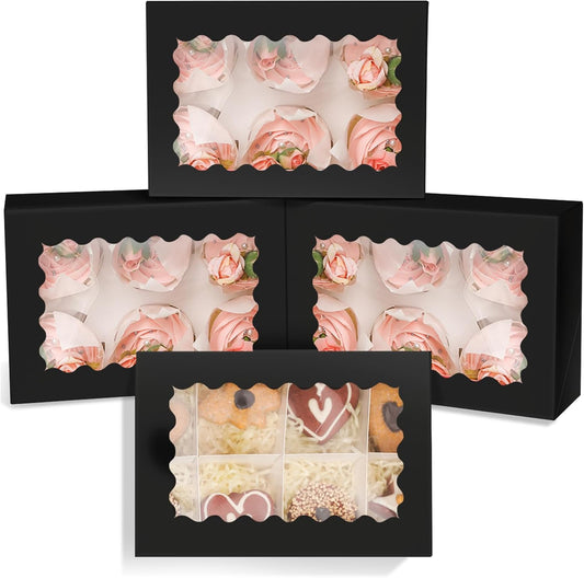 qiqee White 6 Cupcake Boxes with Window Auto-pop up 30 Packs Cupcake Box 9.4"x6.1"x3.3" Bakery Boxes For Cupcakes Carrier, Cupcake Containers