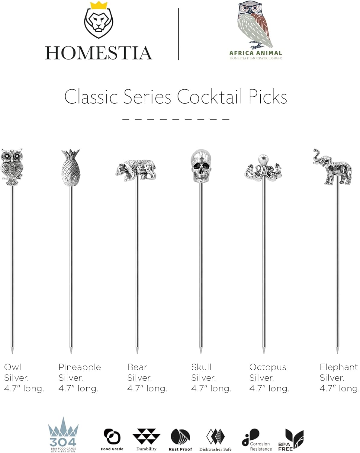 Homestia Stainless Steel Cocktail Picks, 4.7 Inch Reusable Martini Olive Picks, Metal Garnish Skewers for Drinks, Appetizers, Bloody Mary - Set of 6 Metal Cocktail Picks for Party Bar