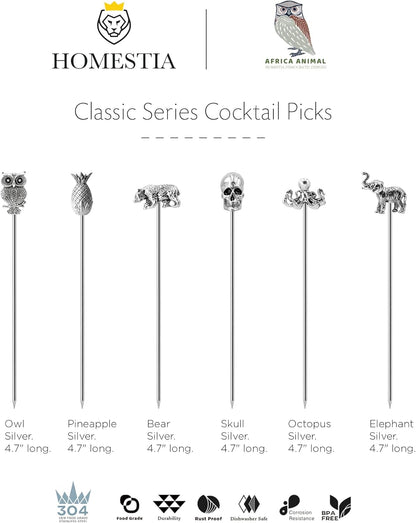 Homestia Stainless Steel Cocktail Picks, 4.7 Inch Reusable Martini Olive Picks, Metal Garnish Skewers for Drinks, Appetizers, Bloody Mary - Set of 6 Metal Cocktail Picks for Party Bar
