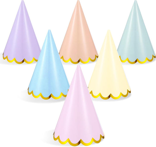 6pcs Pastel Party Hats, Colorful Cone Birthday Party Hat, Gold Stamped Kids Party Hats with Elastic Cords for Adults & Kids, Birthday Baby Shower Bridal Celebration Party, 6 Colors