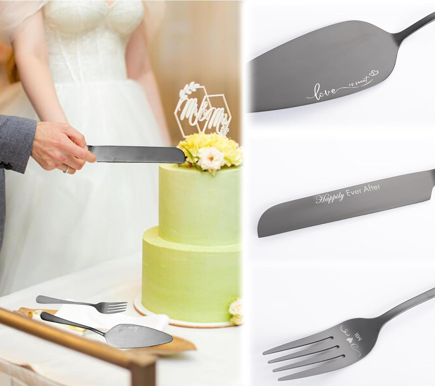 Wedding Cake Knife and Server Set with Forks, Engraved Cake Cutting Set for Wedding Anniversary Christmas Engagement（Gold