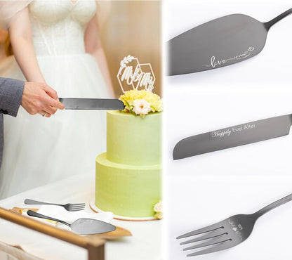 Wedding Cake Knife and Server Set with Forks, Engraved Cake Cutting Set for Wedding Anniversary Christmas Engagement（Gold