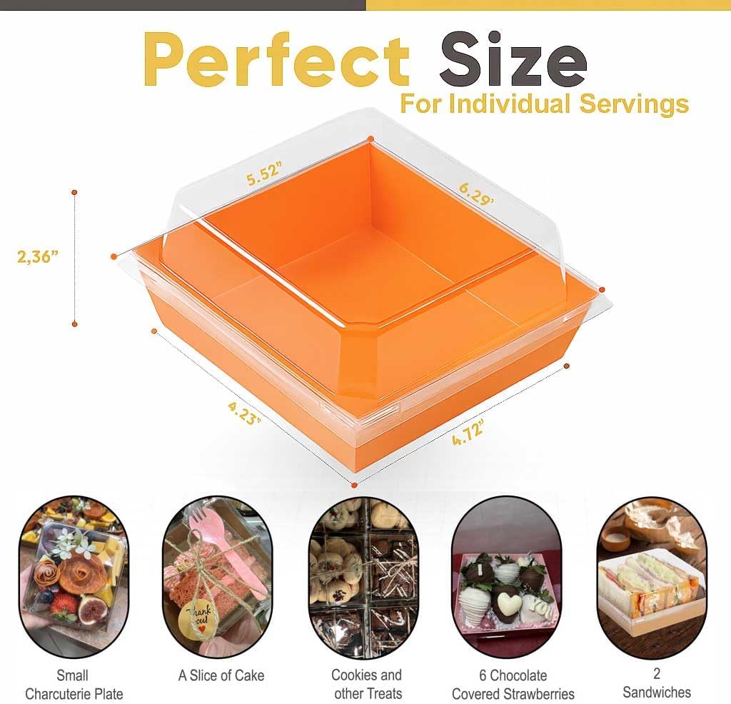 Leafiew 50 Pack Small Charcuterie Boxes with Clear Lids - To Go Paper Mini Charcuterie Box, Disposable Food Containers, 5Inch Dessert Boxes - Sandwich, Cookie, Sushi, Cake Slice, Strawberries (Brown)