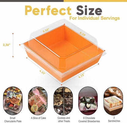 Leafiew 50 Pack Small Charcuterie Boxes with Clear Lids - To Go Paper Mini Charcuterie Box, Disposable Food Containers, 5Inch Dessert Boxes - Sandwich, Cookie, Sushi, Cake Slice, Strawberries (Brown)
