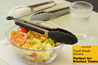 HINMAY Serving Tongs 9-Inch Cooking Tongs with Silicone Tips, Set of 3 (Black)