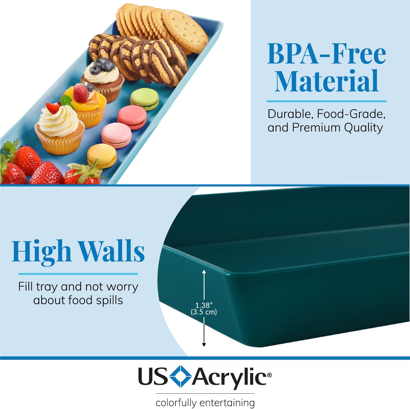 US Acrylic White Plastic Serving Trays (Set of 4) 15” x 10” | Large Unbreakable Reusable Rectangular Party Platters | Serve Appetizers, Fruit, Veggies, & Desserts | BPA-Free & Made in USA
