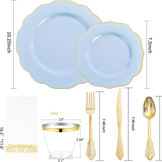 NOCCUR 175PCS Pink Plates with Gold Disposable Silverware - Include 50 Pink Plastic Plates,25 Knives,25 Forks,25 Spoons,25 Cups and 25 Napkins - Ideal for Party/Wedding/Mother's Day