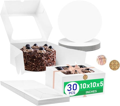 30 Pcs Cake Boxes 10 Inch with Window Clear Bakery Dessert Box Square White Large Disposable Pie Boxes Package for Bake Goods Paper Pastry Packaging Donut Delivery Box