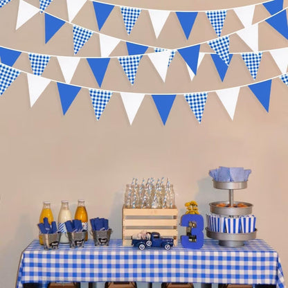 32Ft Dusty Blue Party Decorations Retro Blue Gingham Triangle Banner Flag Pennant Fabric Garland Streamers for Nautical Wedding Birthday Ahoy Achor Bridal Baby Shower Under The Sea Decor Supplies