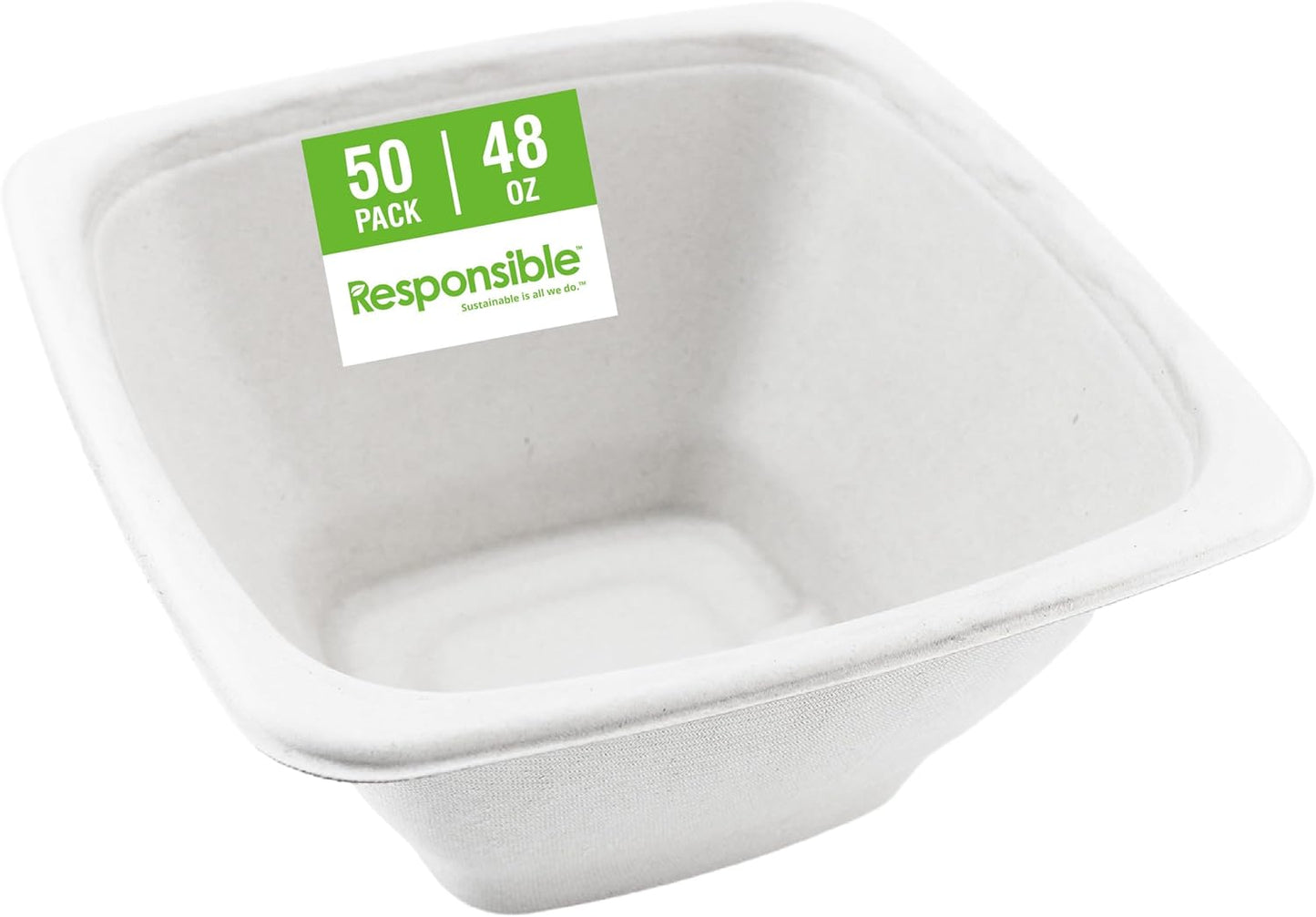 Responsible Products 100% Compostable Square Serving Bowls, 48 oz Disposable Paper Bowls, Microwave Safe, Freezer Safe, Soup Safe, No Plastic, Eco-Friendly, Tree-Free, No PFAS. White (50 Count)