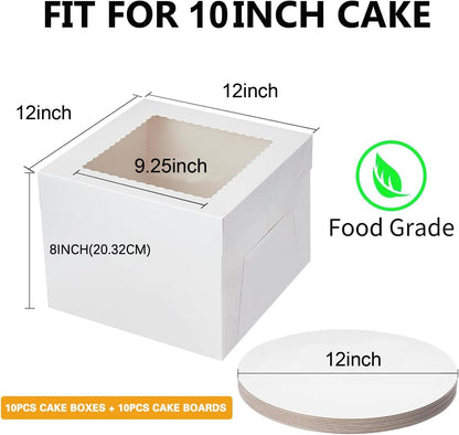 20Pack 12 Inch Cake Boxes With Cake Boards (10 boxes & 10 boards), 12X12X8 Inch White Bakery Boxes With Windown For Cajas Pasteles, Cookie, Pastries,Pie, Wedding, Birthday, Fathers day