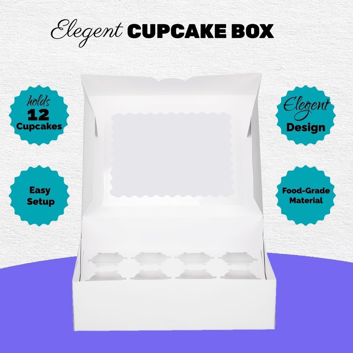Pre-folded 12 count Cupcake Boxes, 6-Set Cupcake Container with Window Transport Holders Holding 72 pastry Box for Birthday, Holiday, Party Bakery Supplies 12.8" x 9.8" x 3.54" (White-6 Pack)