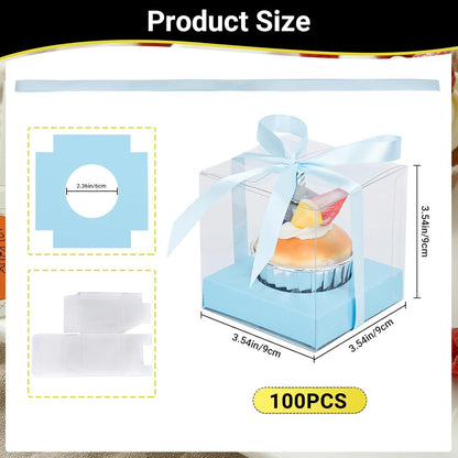 EUSOAR Individual Cupcake Holder, 50pcs 3.5 Inch Plastic Black Cupcake Containers with Lids, Single Transparent Display Clear Cupcake Carrier with Ribbon and Inserts for Wedding Party Favor