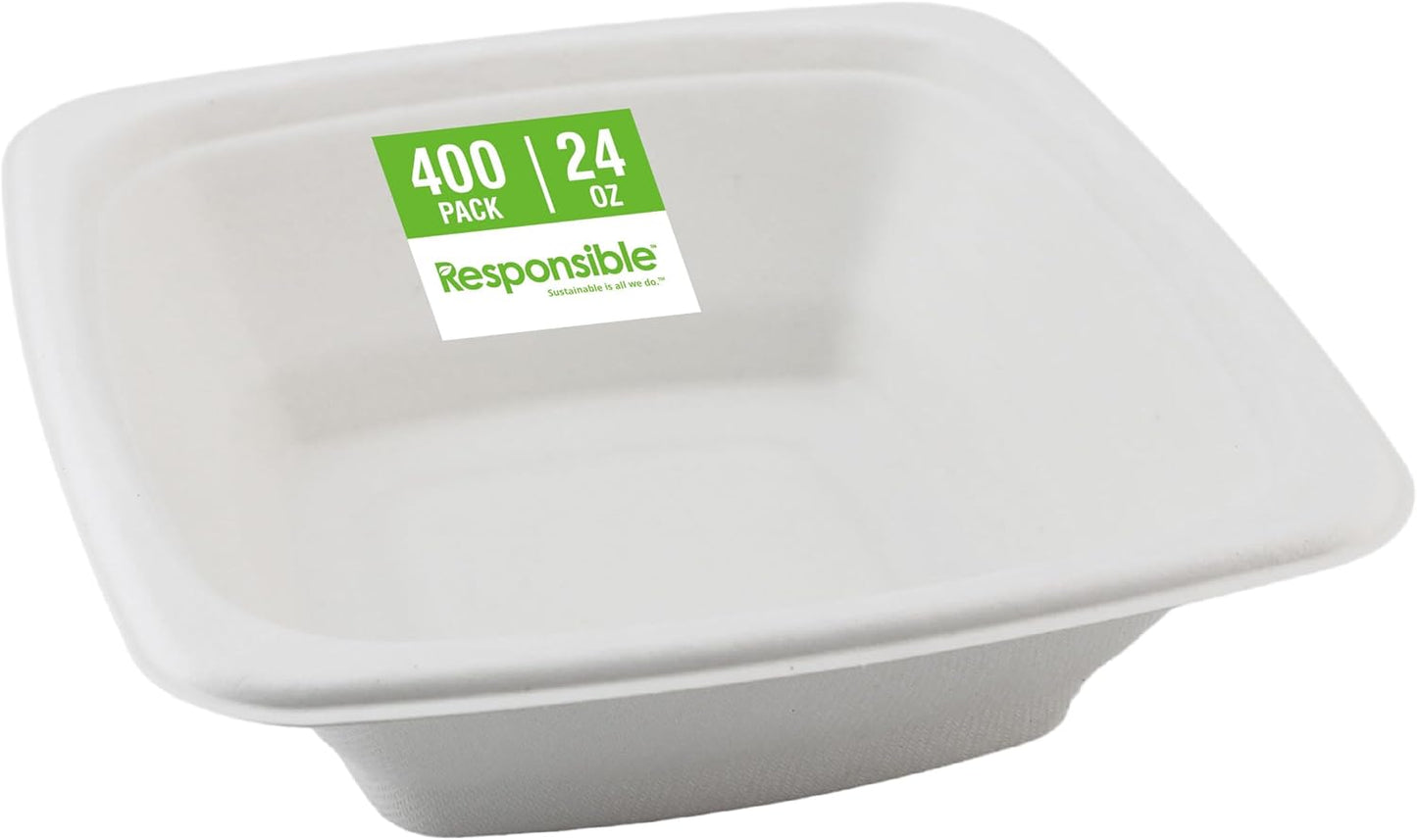 Responsible Products 100% Compostable Square Serving Bowls, 48 oz Disposable Paper Bowls, Microwave Safe, Freezer Safe, Soup Safe, No Plastic, Eco-Friendly, Tree-Free, No PFAS. White (50 Count)