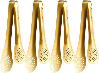 9 Inch Gold Buffet Tongs Set of 4, Stainless Steel Food Serving Utensils Tong for Cooking, Salad, Barbecue, Buffet, Toast