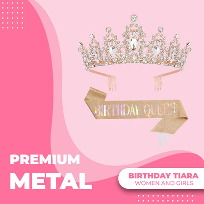 Birthday Tiara Crown with Sash for Women, Headband Hair Accessories for Wedding Party Costume