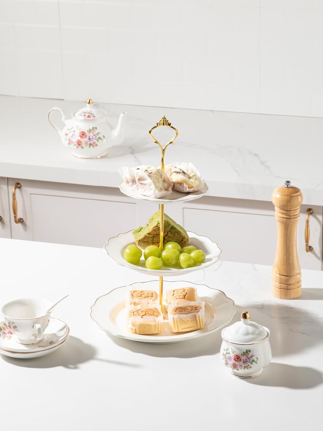 Sweejar 3 Tier Ceramic Cake Stand Wedding, Dessert Cupcake Stand for Tea Party Serving Platter (White)