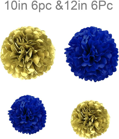 Purple & Gold Tissue Paper Pom-Poms - Hanging Paper Pompoms Flower Ball Wedding, Birthday Party Decoration (6pcs 12in & 10in)