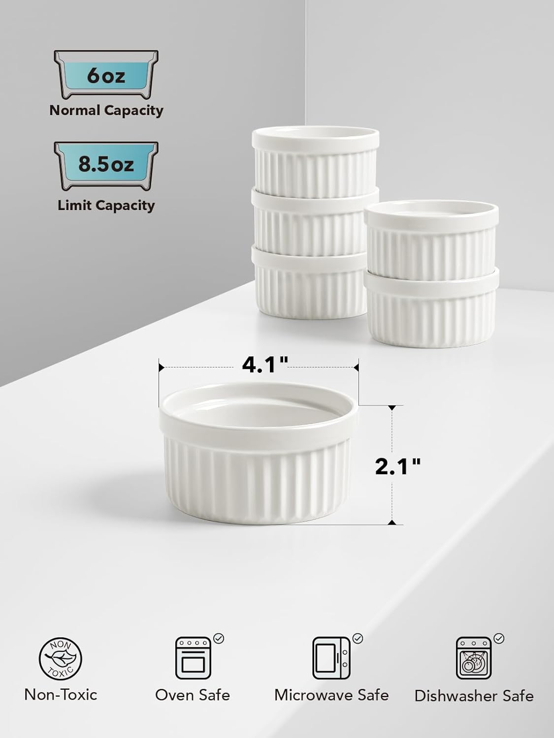 LE TAUCI Ramekins 4 OZ Oven Safe, Creme Brulee Ramekins, Pudding Custard Cups Souffle Ramiken, Dipping Sauce Dishes, Ceramic Ramekin Bowls Set of 6, White