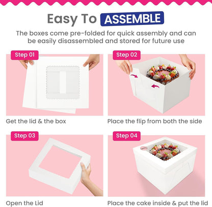 RICCLE 15pcs Cake Boxes, 10x10x8 Inches Tall Cake Box with Window, Large White Bakery Boxes, Baking Boxes, Square Cardboard Cake Box for Multi-Layer Cakes, Cake Decorating Supplies, Valentines Day